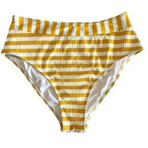 CUPSHE Swim Bottoms Size L‎ Yellow and White Striped High Waisted Textured